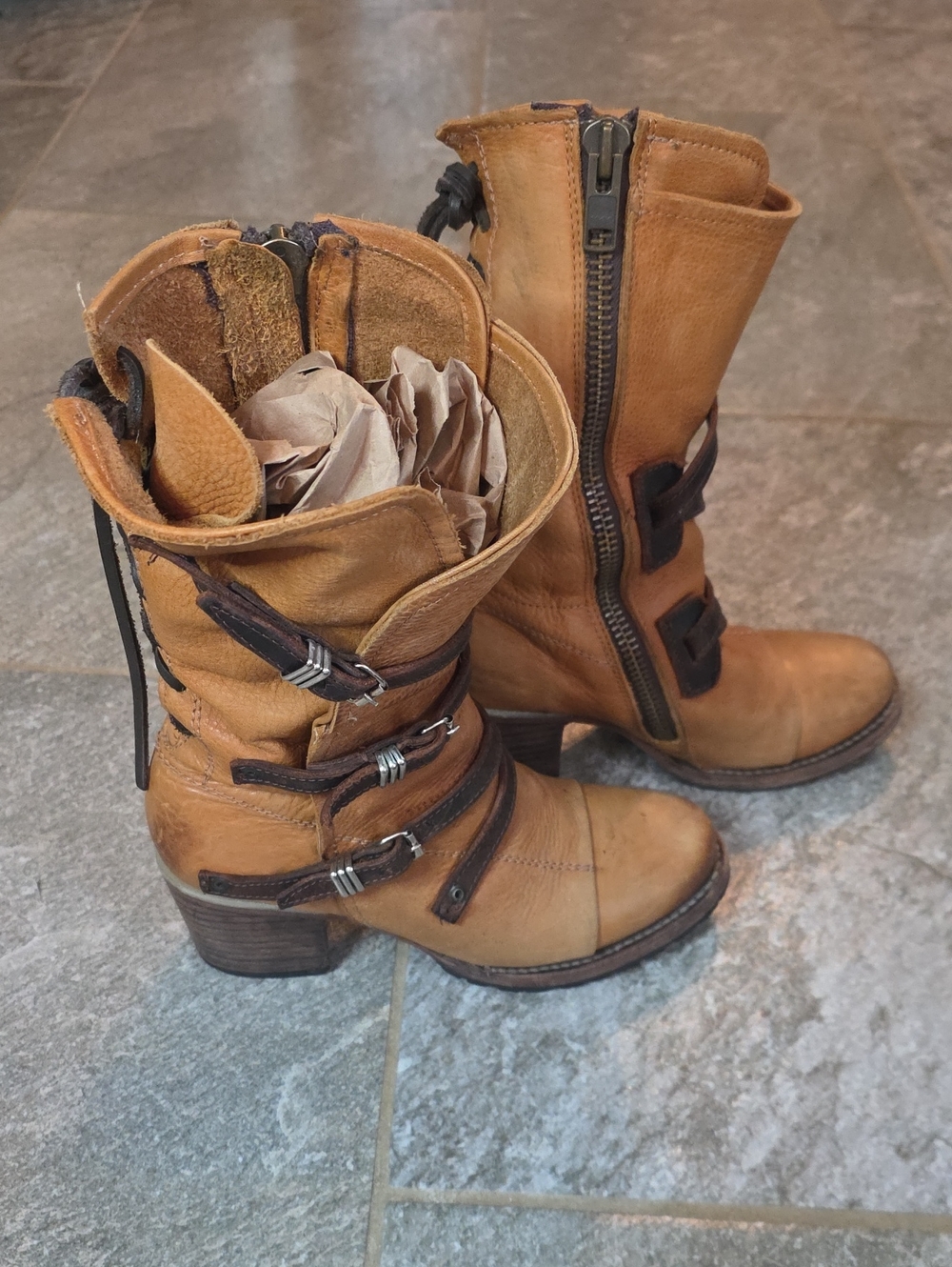 Freebird Cora Tan Leather Buckle Boots - Brown Strap Detail Size 8 - Picture 2 of 15